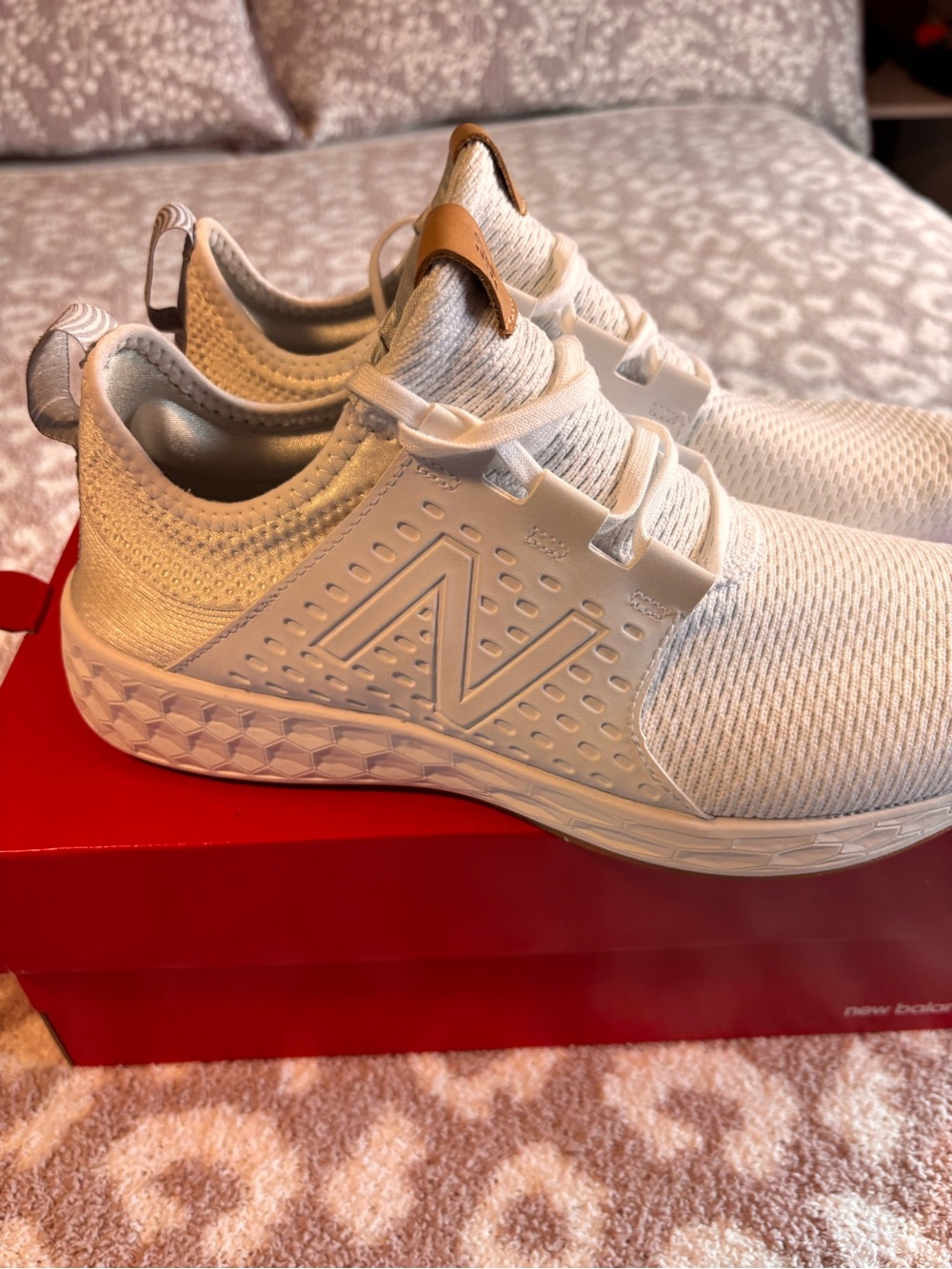 New Balance Kids White Slip-On Knit Sneakers with Tan Accent
